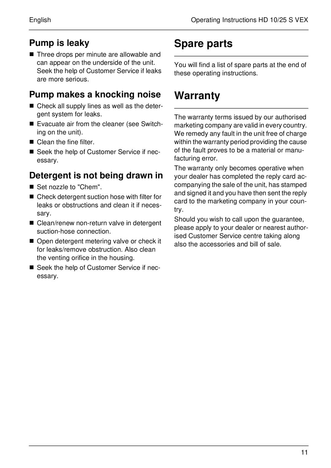 Karcher HD 10/25 S VEX Spare parts, Warranty, Pump is leaky, Pump makes a knocking noise, Detergent is not being drawn 
