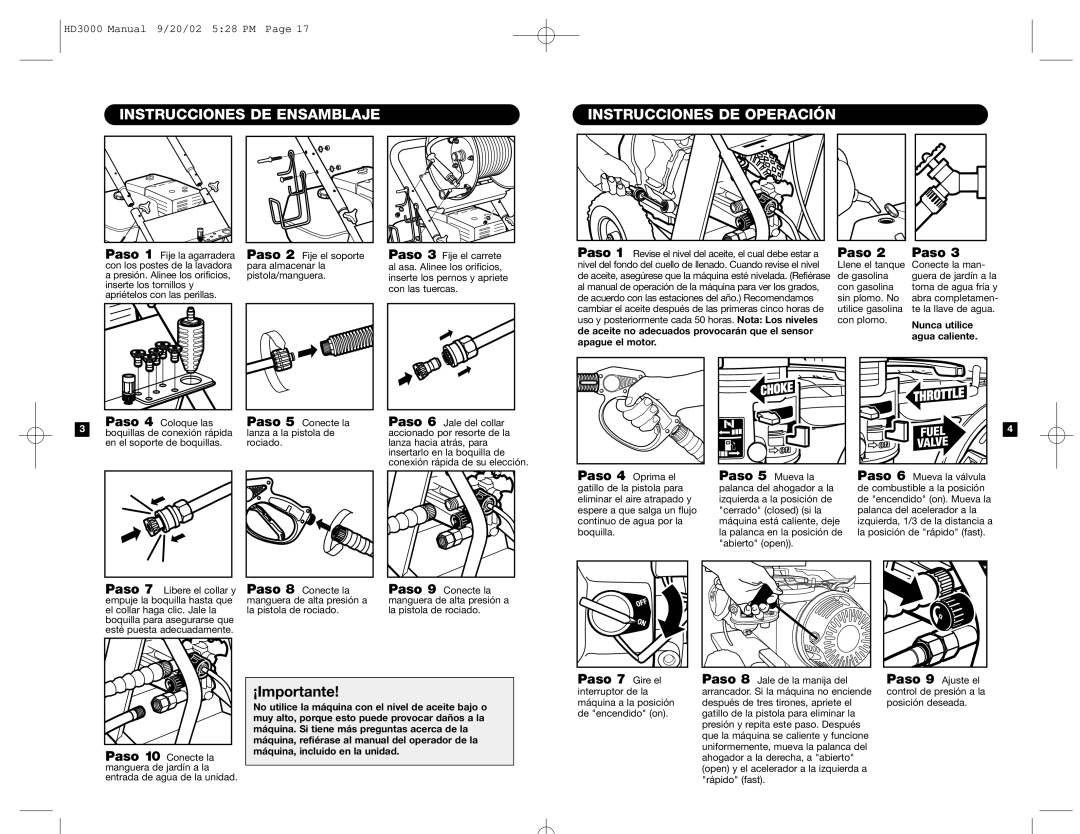 Karcher HD 3000 specifications Instrucciones DE Ensamblaje Instrucciones DE Operación, Paso, Nunca utilice 