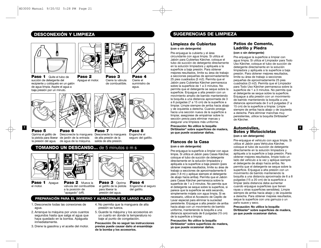 Karcher HD 3000 specifications Desconexión Y Limpieza Sugerencias DE Limpieza, Tomando UN DESCANSO... de 5 minutos o más 