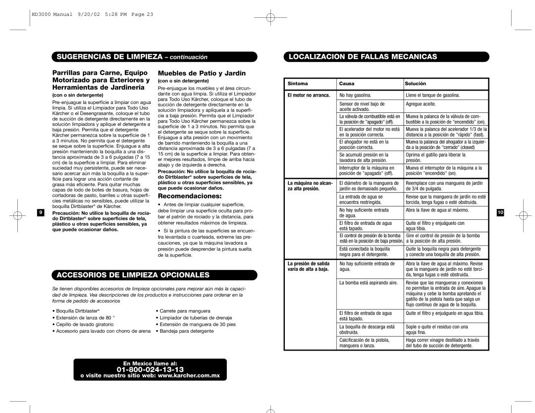 Karcher HD 3000 Sugerencias DE Limpieza continuación, Localizacion DE Fallas Mecanicas, Accesorios DE Limpieza Opcionales 
