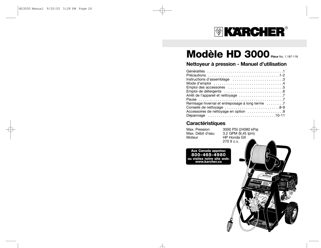 Karcher specifications Modèle HD 3000 Pièce No, Aux Canada appelez Ou visitez notre site web 