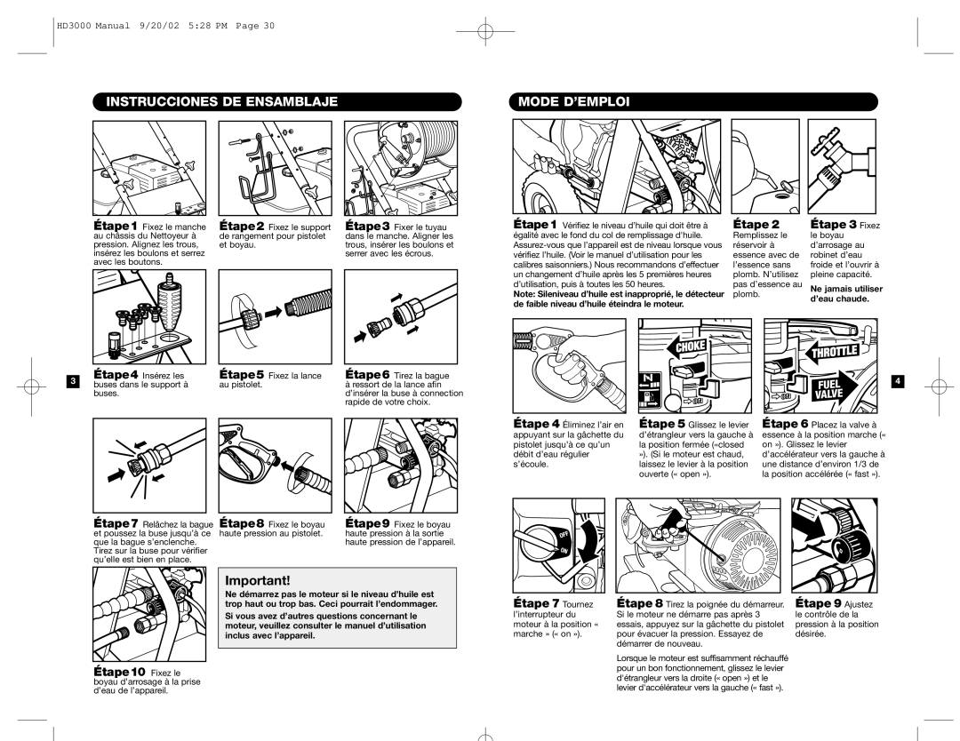 Karcher HD 3000 Instrucciones DE Ensamblaje Mode D’EMPLOI, Étape Étape 3 Fixez, Étape10 Fixez le, ’eau chaude 