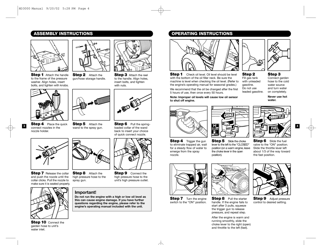 Karcher HD 3000 specifications Assembly Instructions Operating Instructions, Step, Never use hot water 