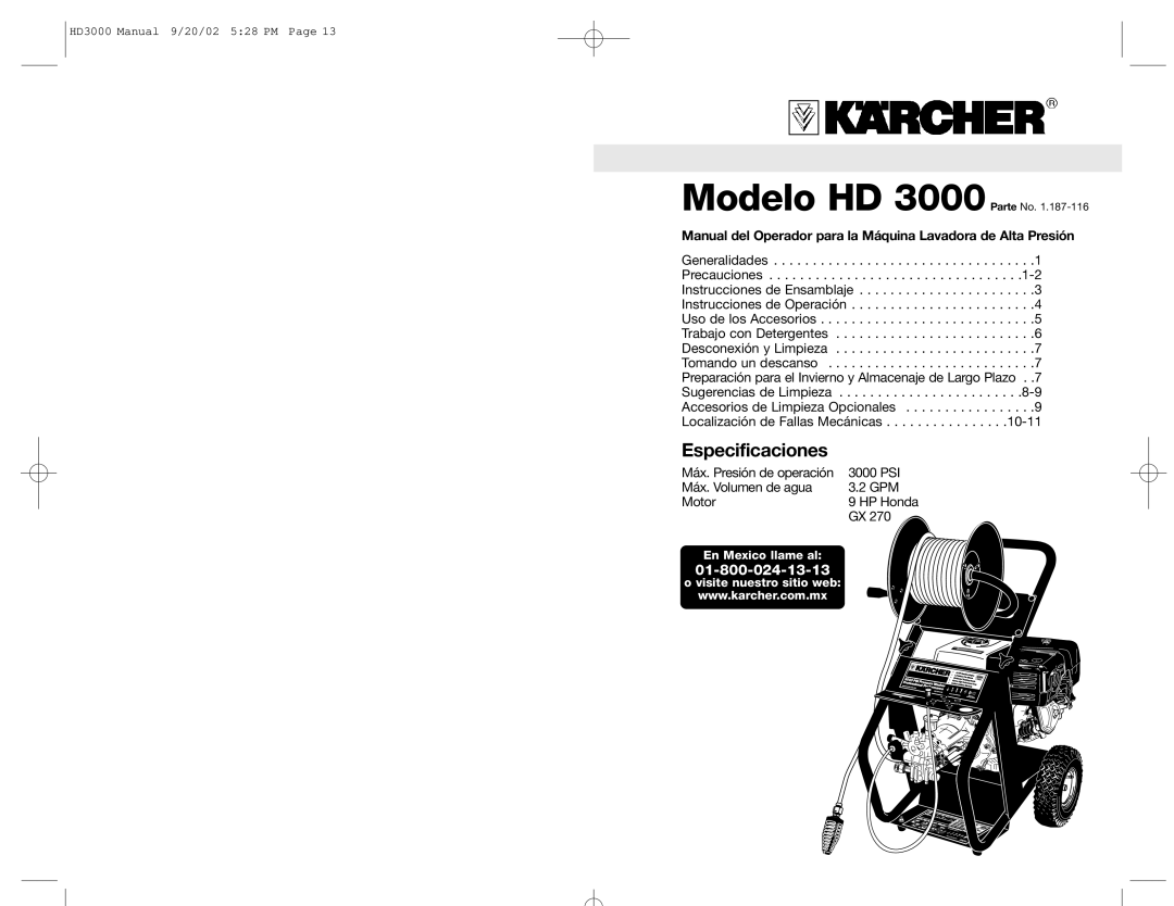 Karcher specifications Modelo HD 3000 Parte No, En Mexico llame al 