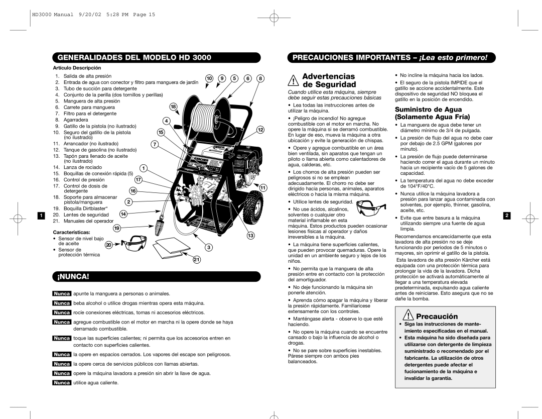 Karcher HD 3000 specifications Generalidades DEL Modelo HD, Precauciones Importantes ¡Lea esto primero, ¡Nunca 