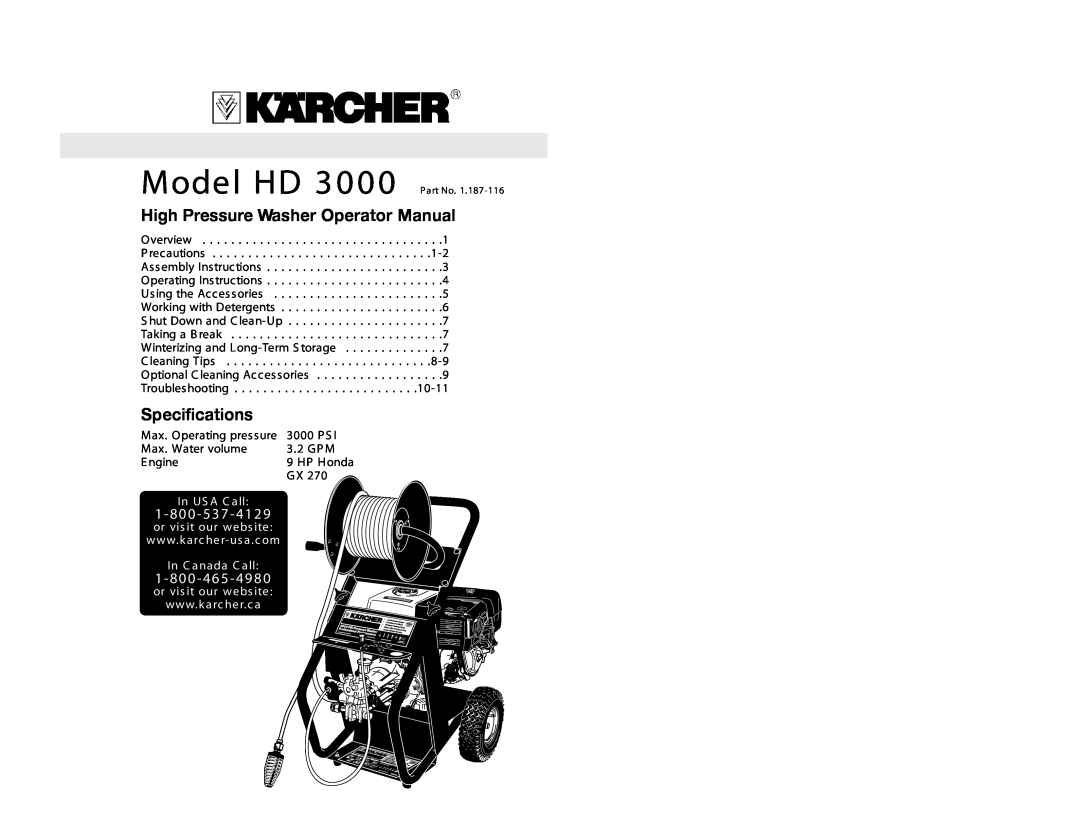 Karcher HD 3000 specifications High Pressure Washer Operator Manual, Specifications, Model HD, or vis it our webs ite 