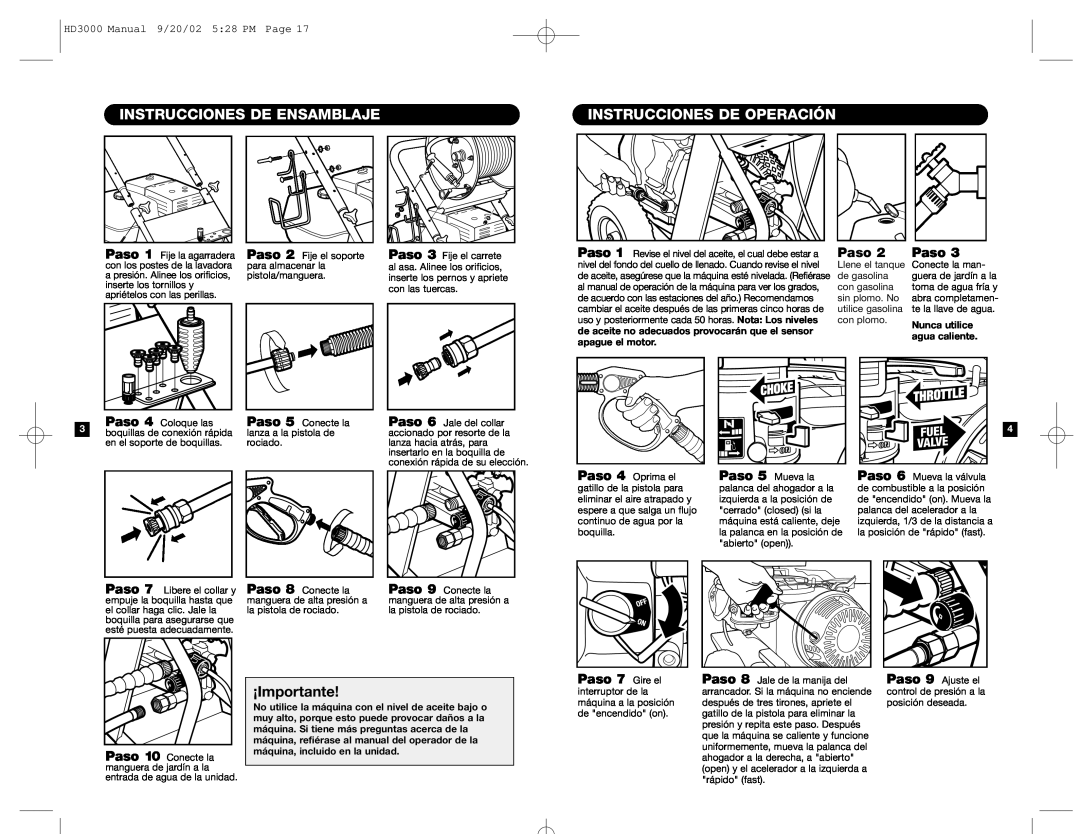 Karcher HD 3000 Instrucciones De Ensamblaje, Instrucciones De Operación, ¡Importante, HD3000 Manual 9/20/02 528 PM Page 