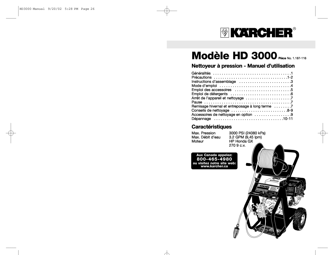 Karcher specifications Modèle HD 3000 Pièce No, Nettoyeur à pression - Manuel d’utilisation, Caractéristiques 