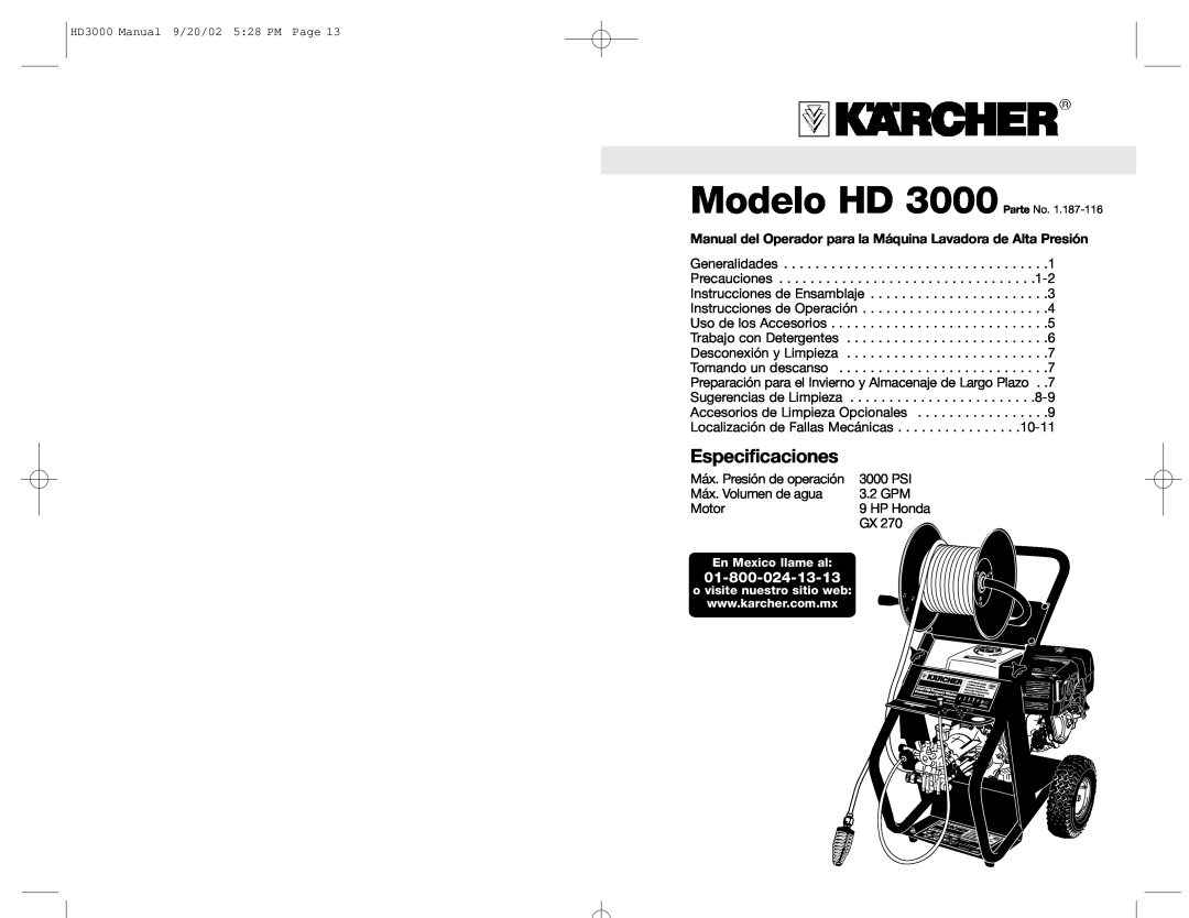 Karcher specifications Modelo HD 3000 Parte No, Especificaciones, 01-800-024-13-13 