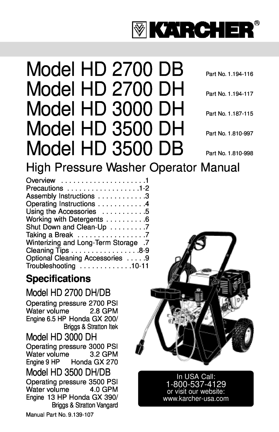 Karcher HD 2700 DB specifications In USA Call, or visit our website, Model HD 3500 DB, Specifications, Model HD 2700 DH/DB 