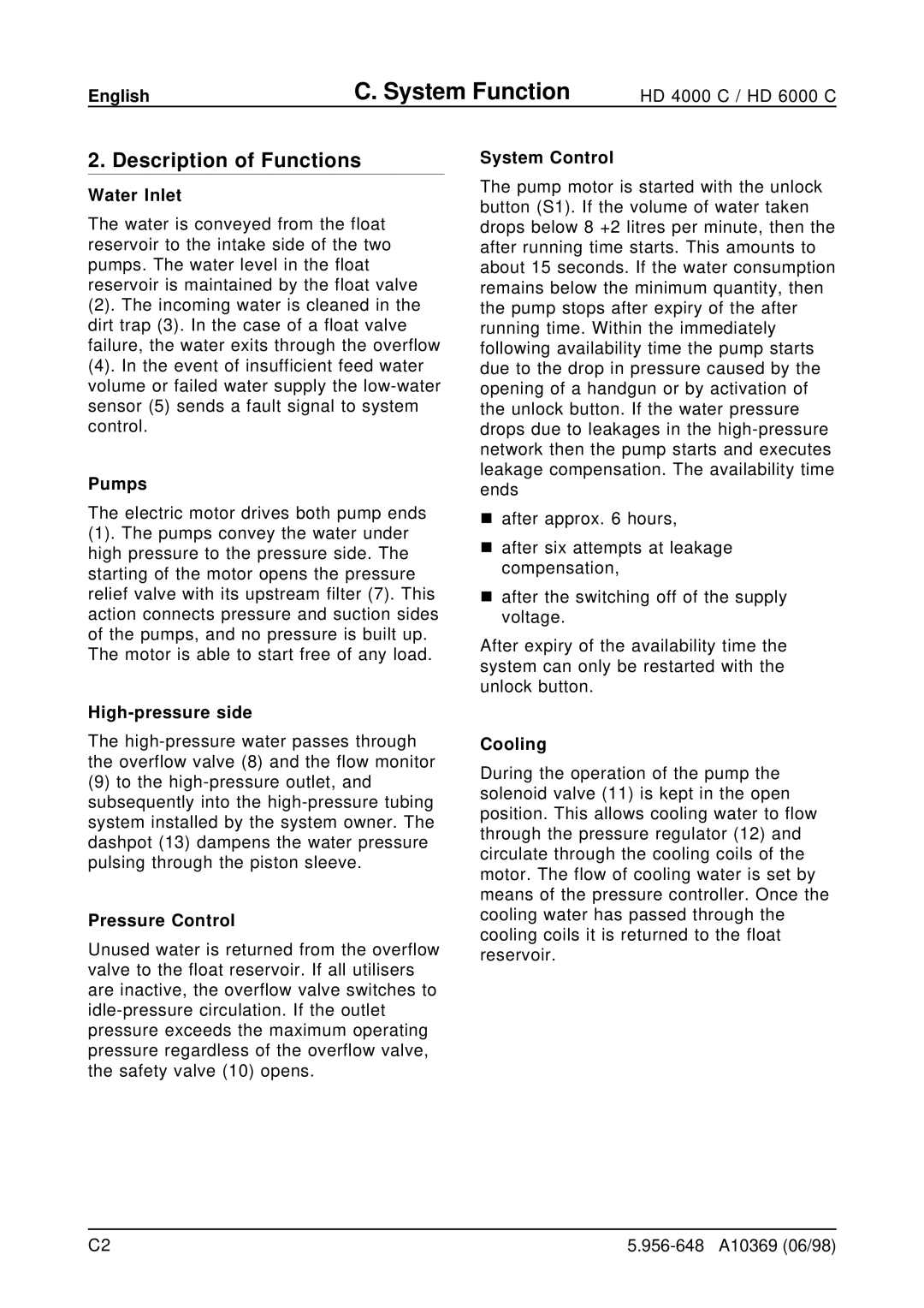 Karcher HD 4000 C, HD 6000 C operating instructions Description of Functions 