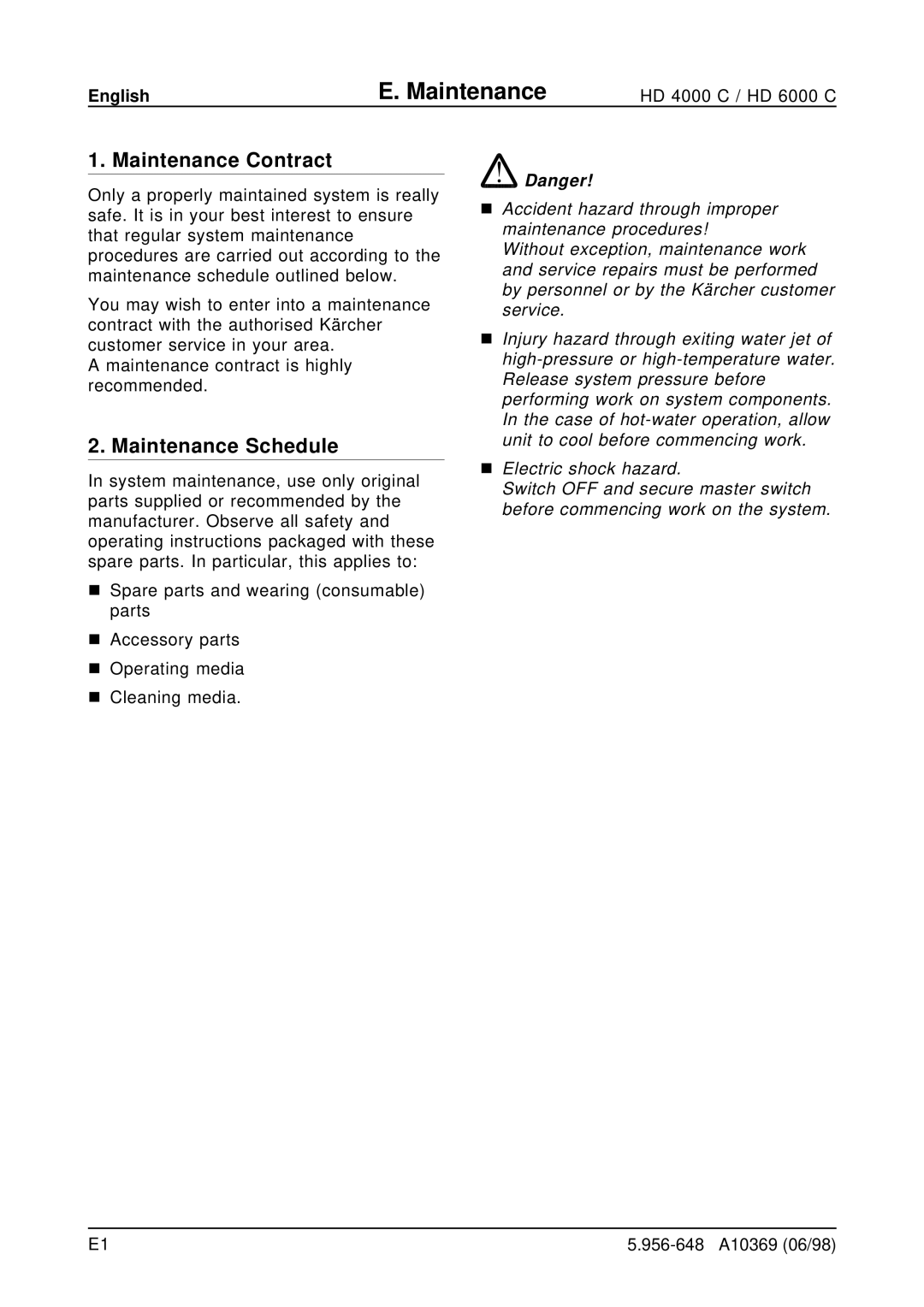 Karcher HD 4000 C, HD 6000 C operating instructions Maintenance Contract, Maintenance Schedule 