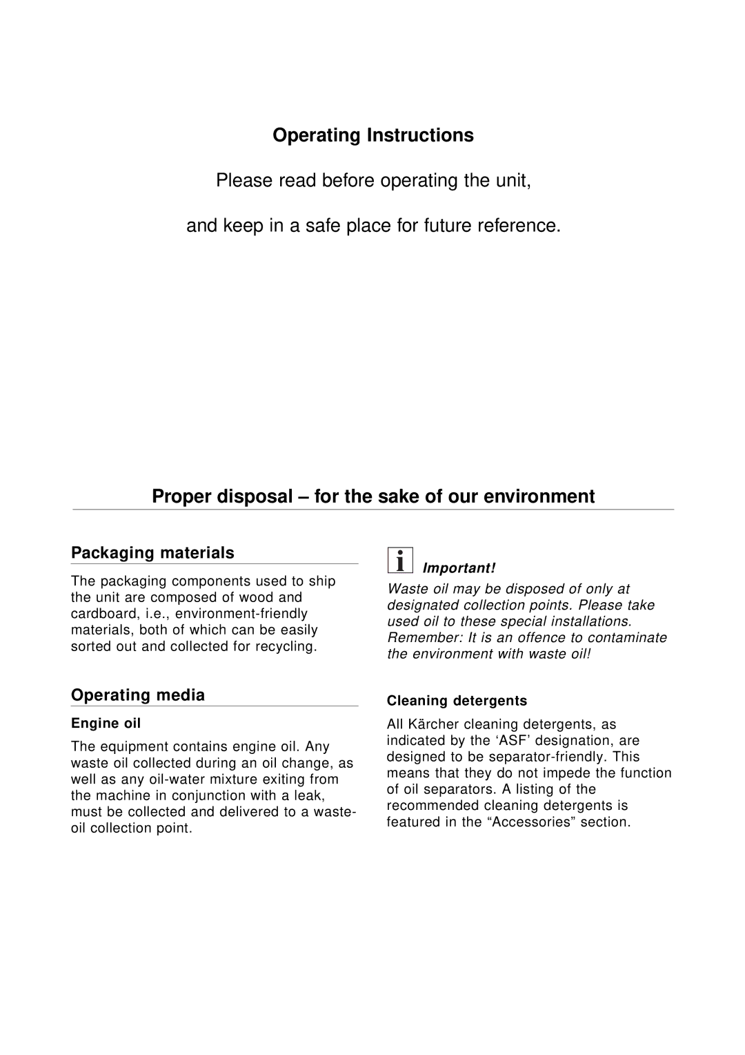 Karcher HD 4000 C, HD 6000 C Operating Instructions, Proper disposal for the sake of our environment, Packaging materials 