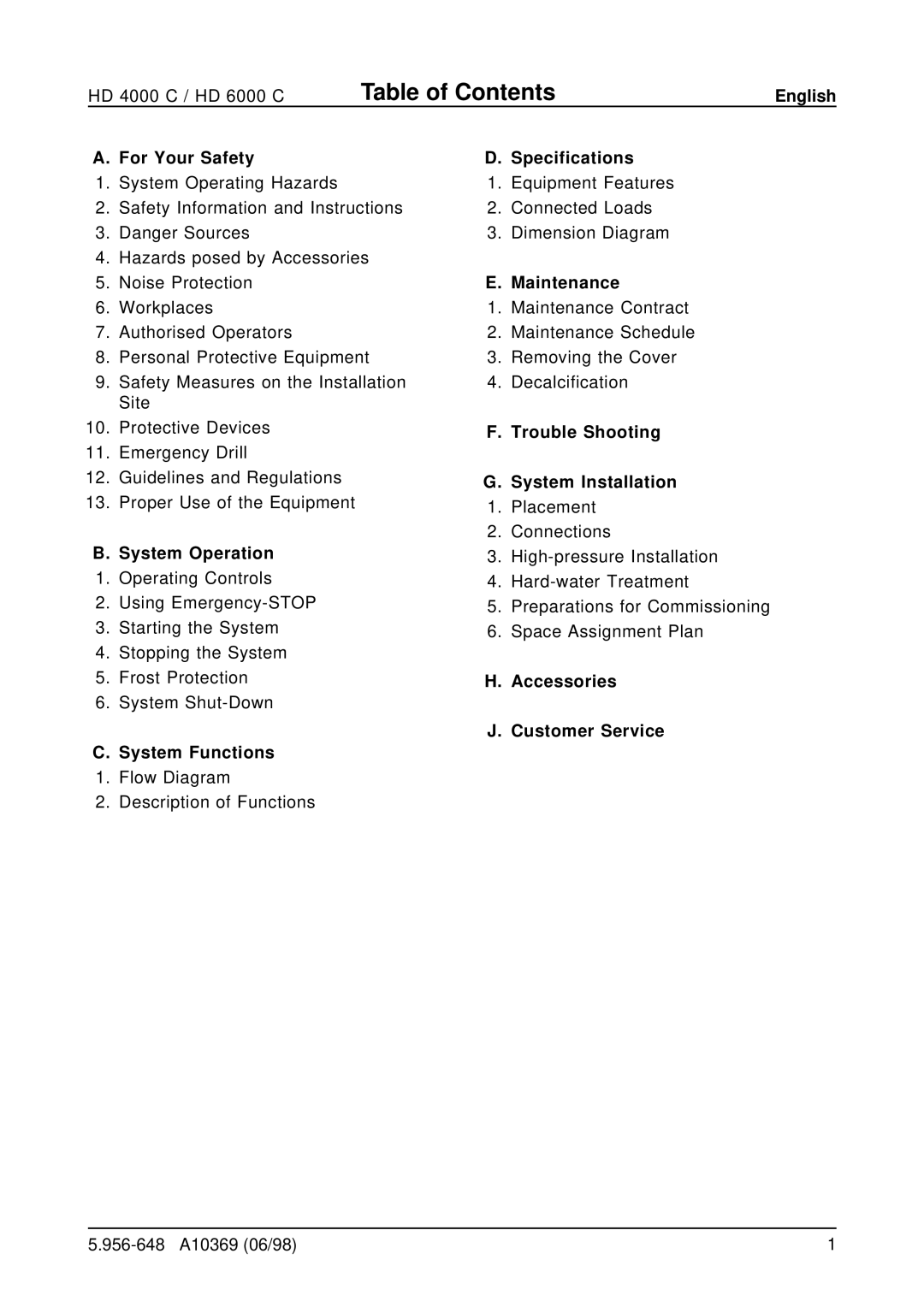 Karcher HD 6000 C, HD 4000 C operating instructions Table of Contents 