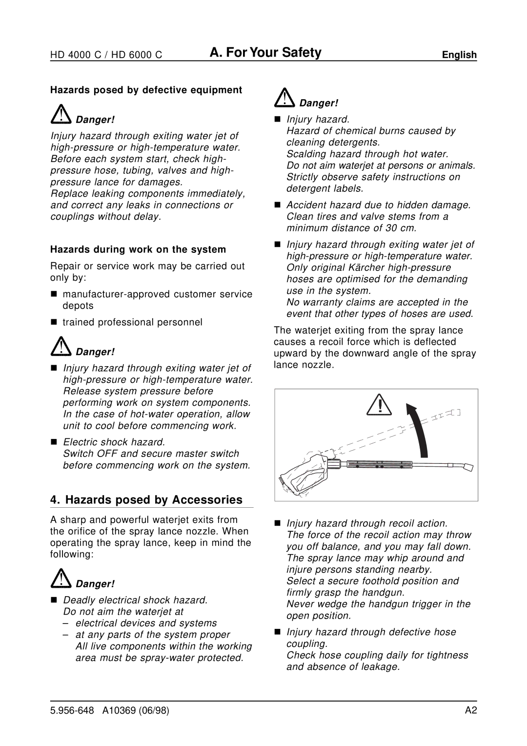 Karcher HD 6000 C, HD 4000 C Hazards posed by Accessories, English Hazards posed by defective equipment 