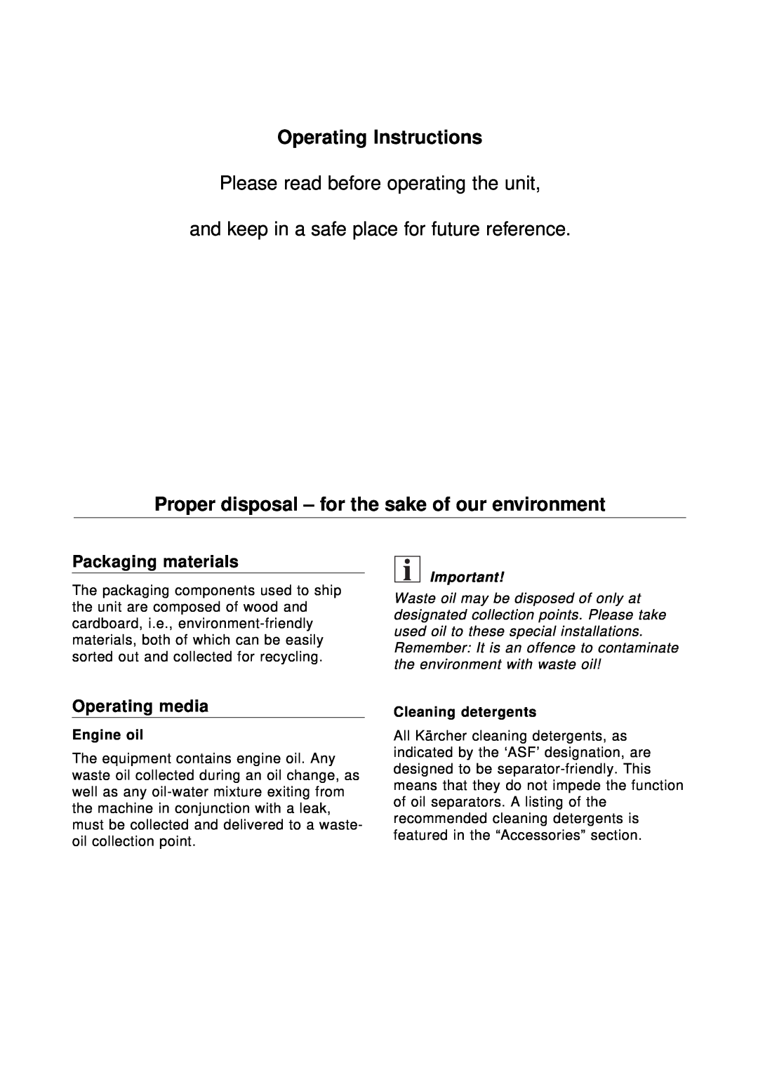 Karcher HD 4000 C Operating Instructions, Proper disposal - for the sake of our environment, Packaging materials 