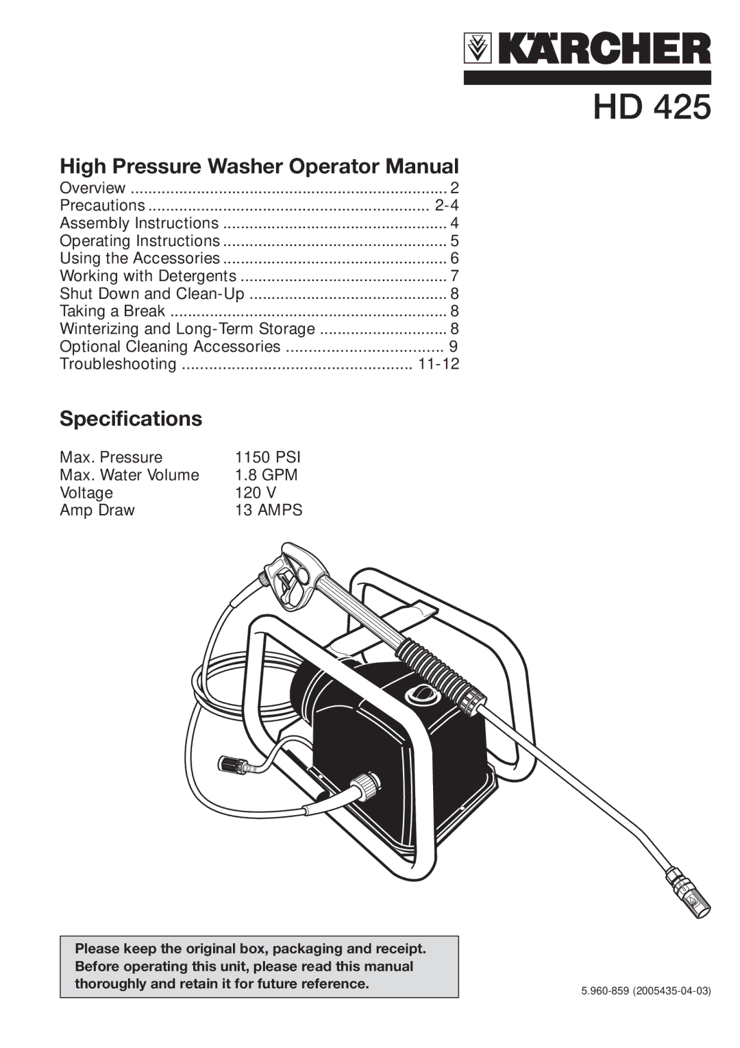 Karcher HD 425 specifications High Pressure Washer Operator Manual 