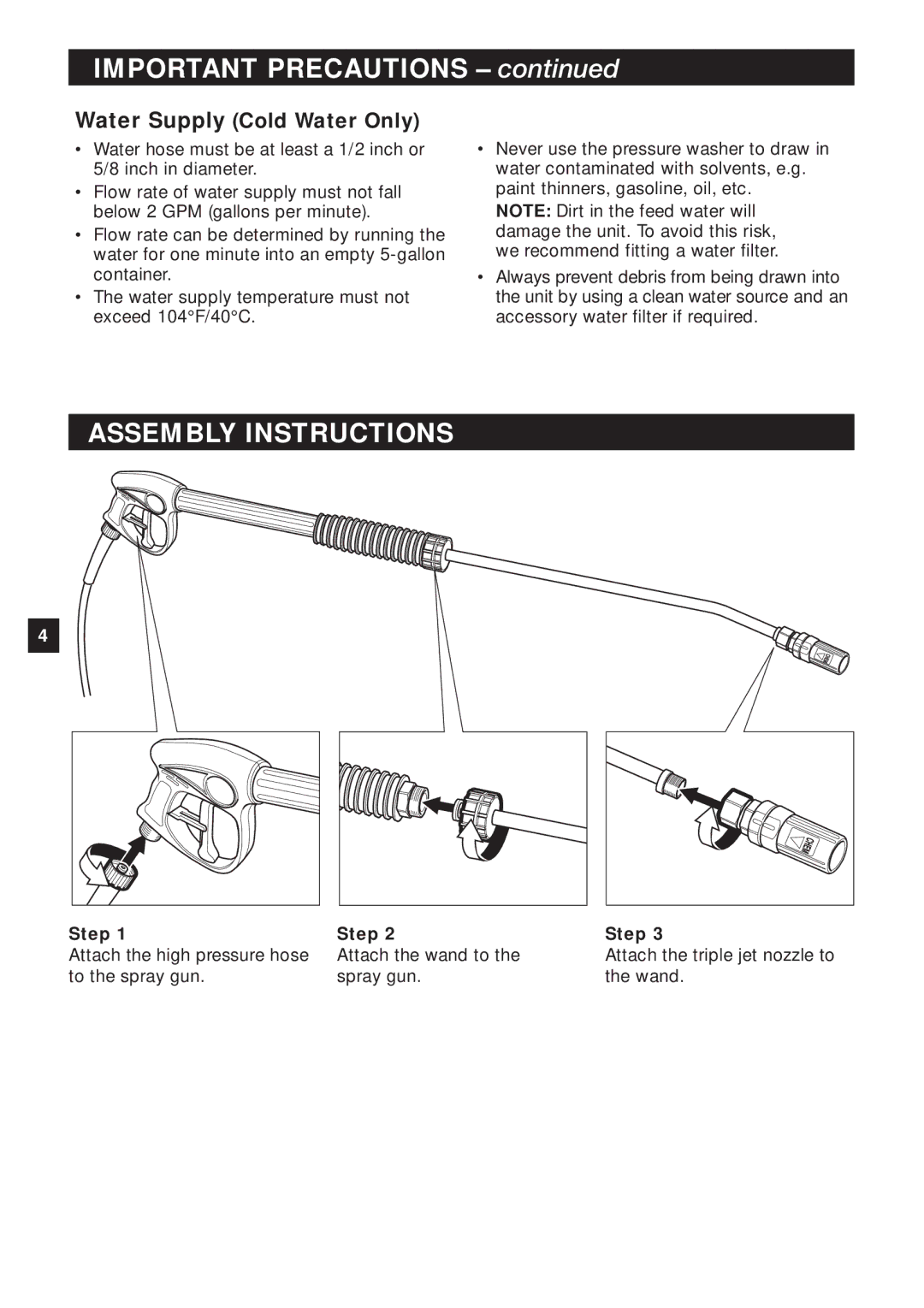 Karcher HD 425 specifications Important Precautions, Assembly Instructions 