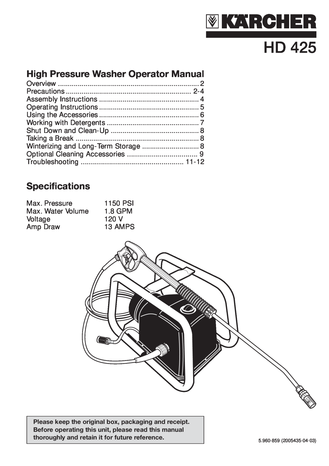 Karcher HD 425 specifications High Pressure Washer Operator Manual, Specifications 