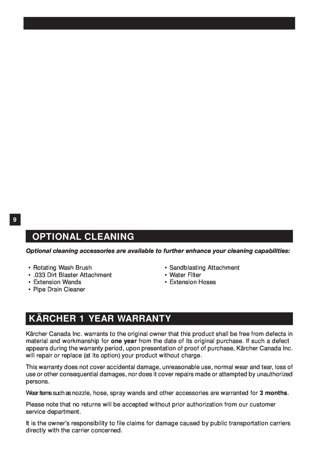 Karcher HD 425 specifications Optional Cleaning, KÄRCHER 1 YEAR WARRANTY 