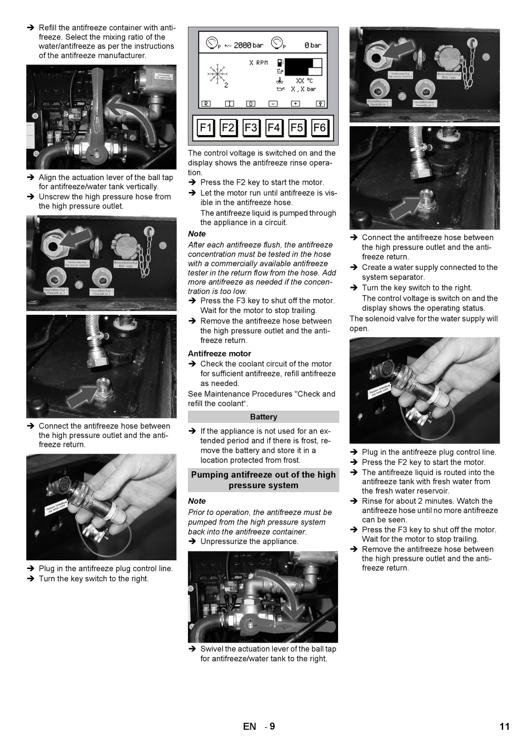 Karcher HD 7/250 DE TR1 manual Pumping antifreeze out of the high Pressure system, Antifreeze motor, Battery 