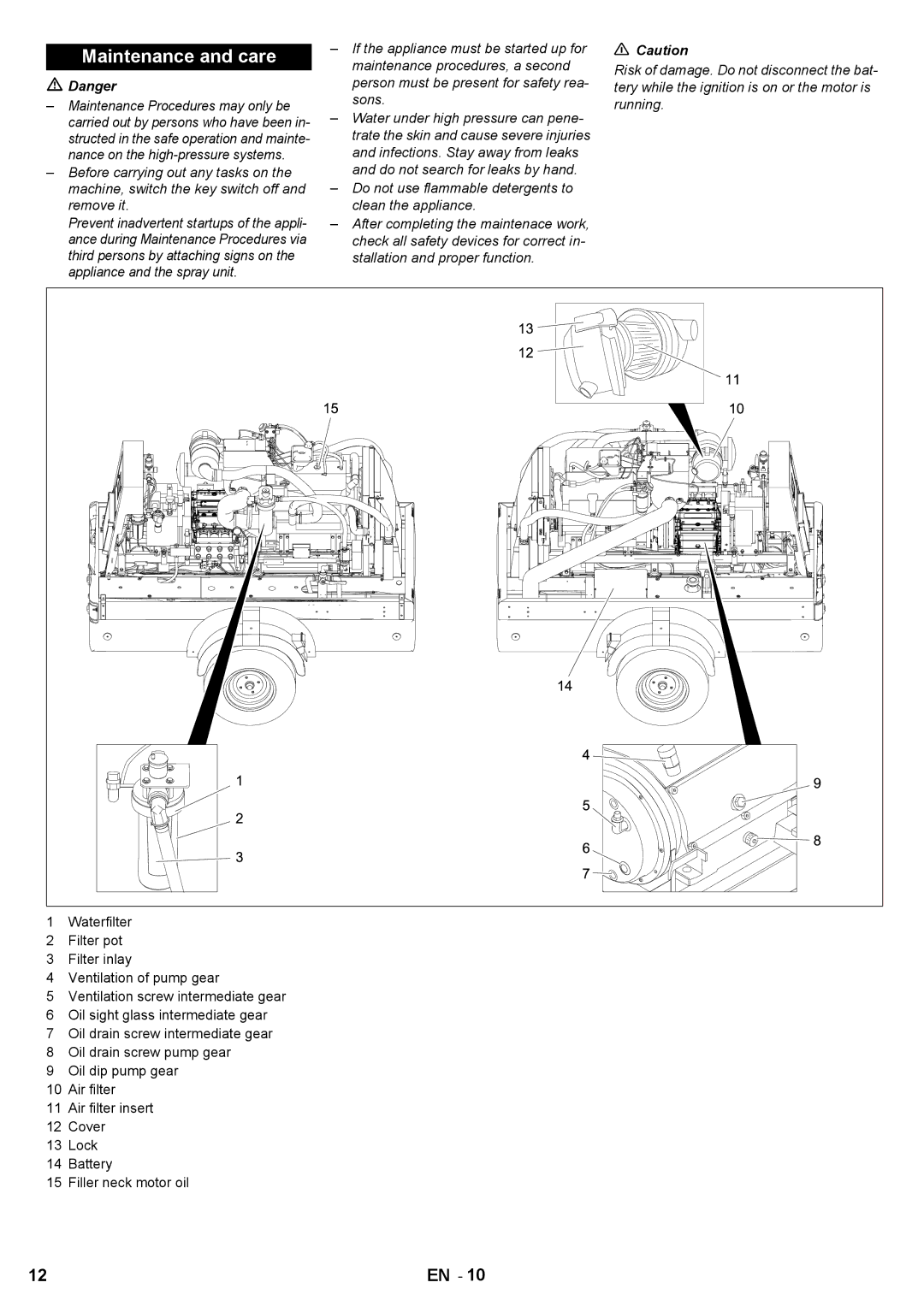 Karcher HD 7/250 DE TR1 manual Maintenance and care, Do not use flammable detergents to clean the appliance 