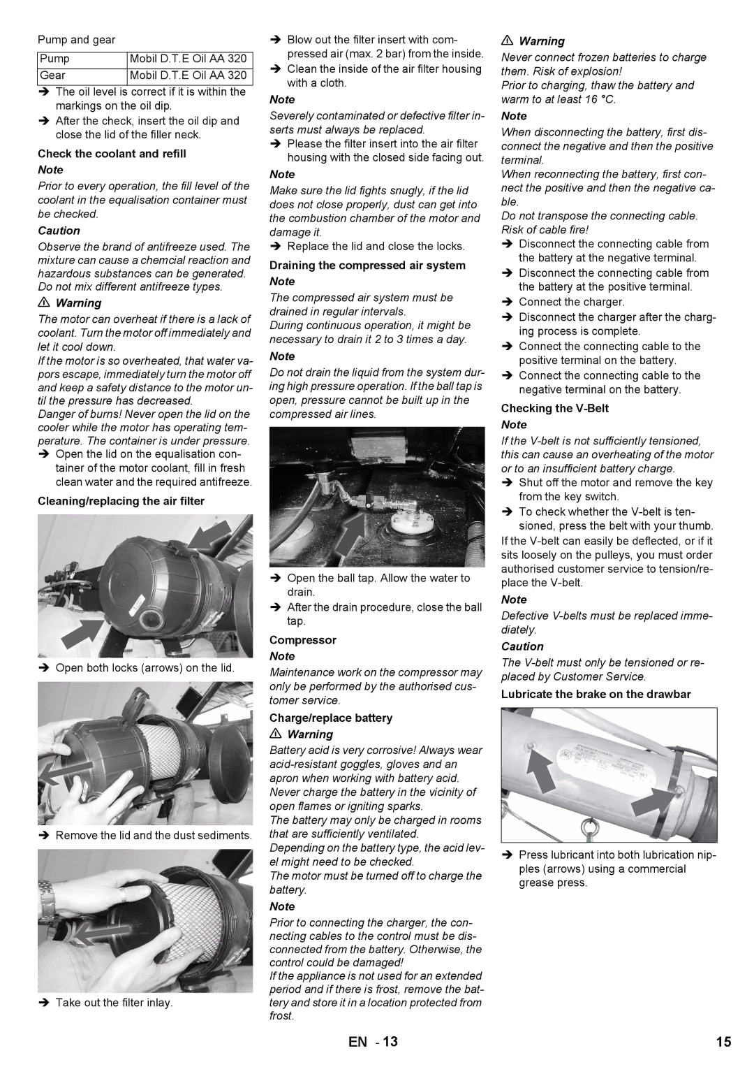 Karcher HD 7/250 DE TR1 Check the coolant and refill, Cleaning/replacing the air filter, Compressor, Checking the V-Belt 