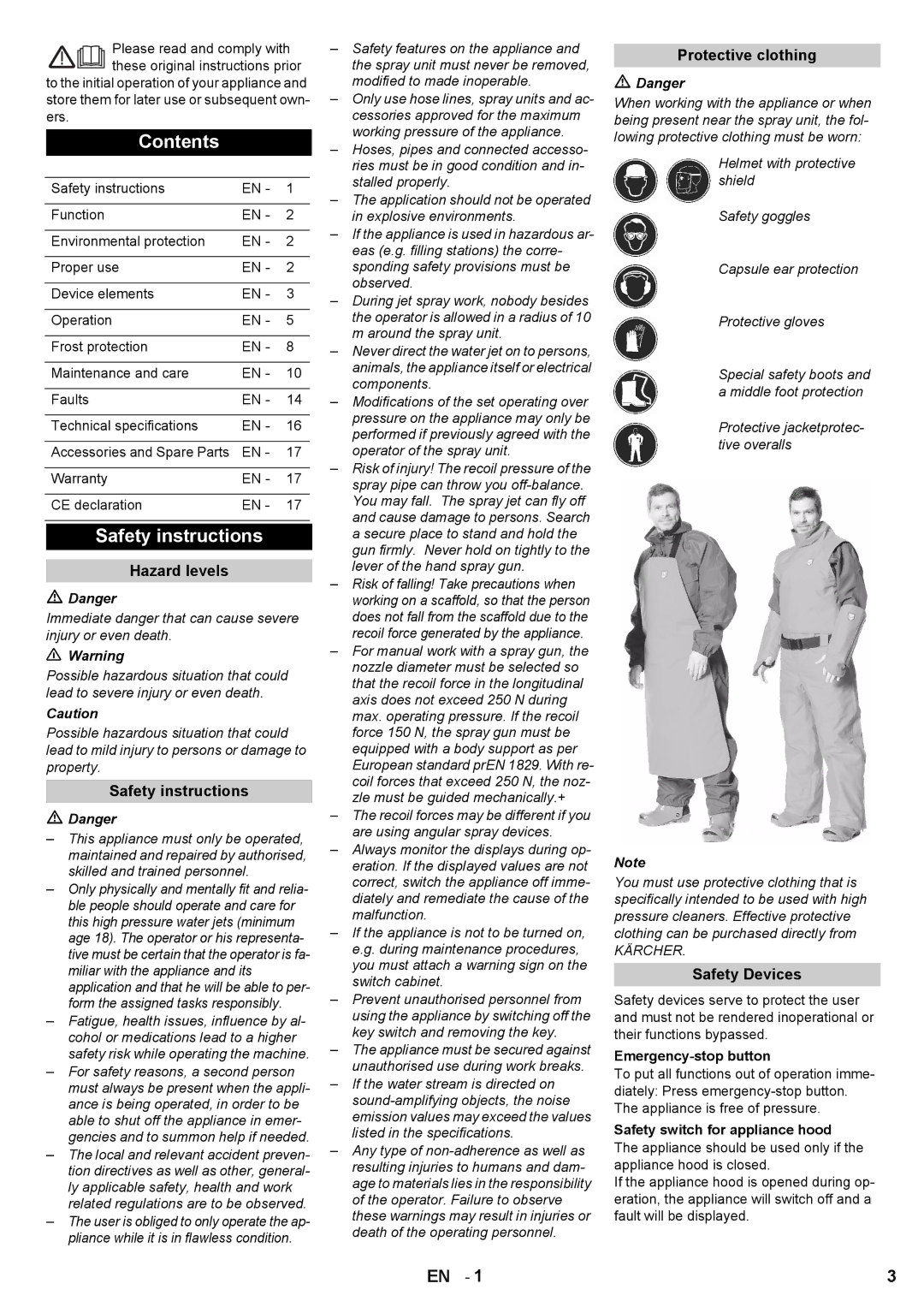 Karcher HD 7/250 DE TR1 manual Contents, Safety instructions 