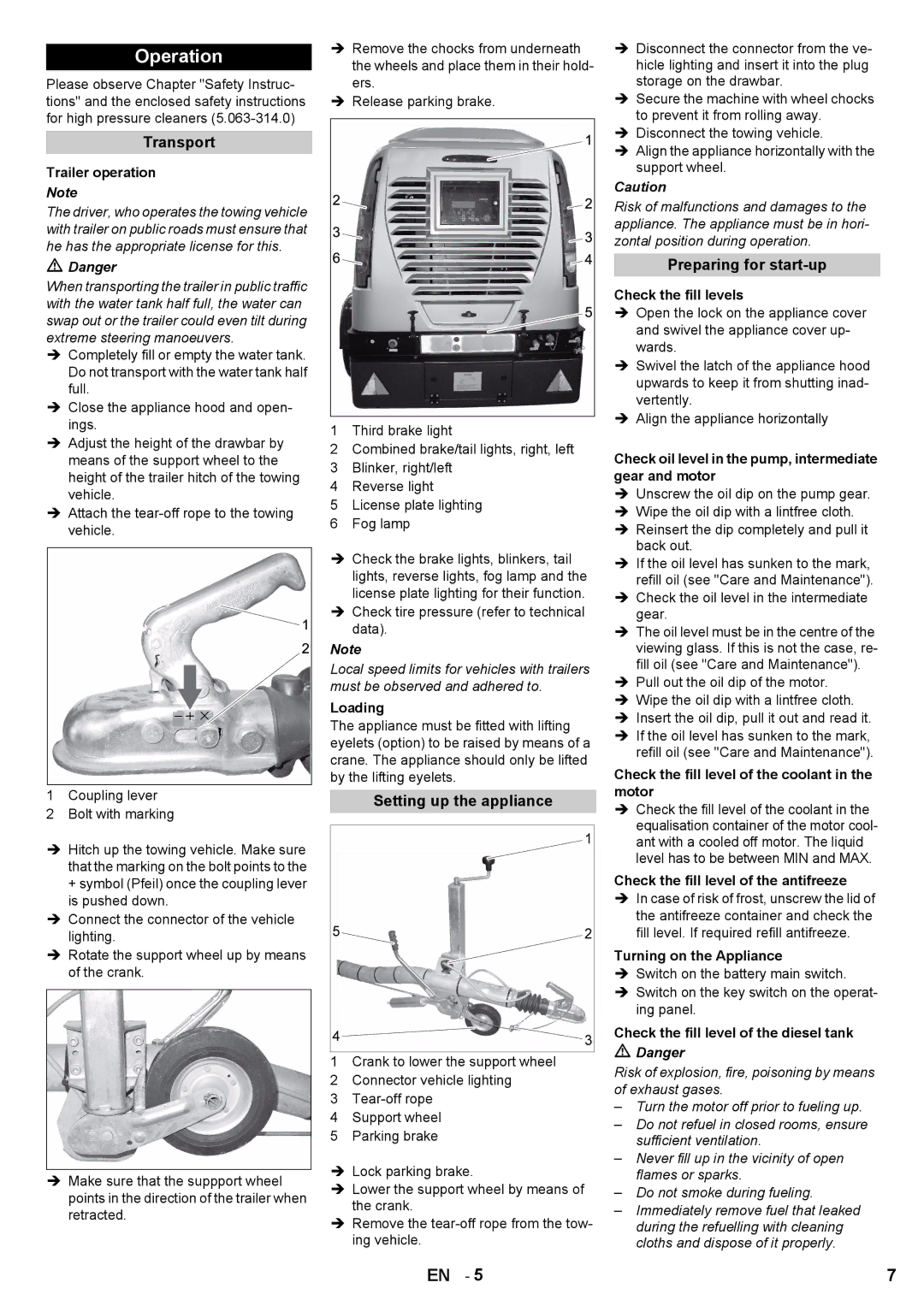 Karcher HD 7/250 DE TR1 manual Operation, Transport, Setting up the appliance, Preparing for start-up 