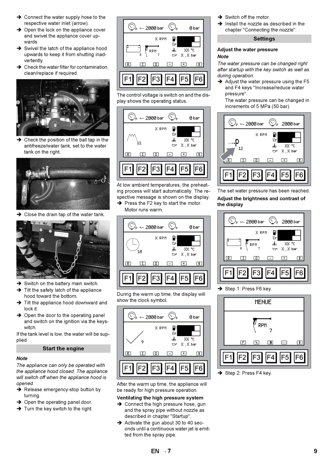 Karcher HD 7/250 DE TR1 manual Settings, Start the engine, Adjust the water pressure, Ventilating the high pressure system 