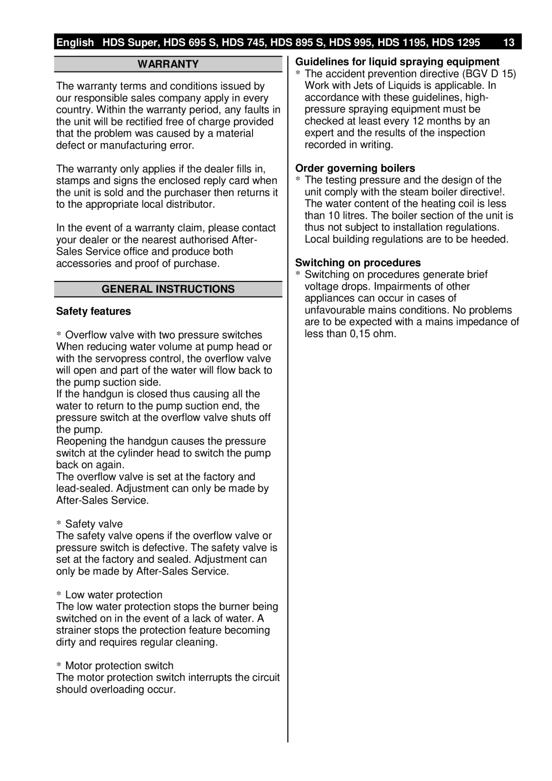 Karcher HDS 895 S, HDS 1295, HDS 695 S, HDS 745, HDS 1195, HDS 995 manual Warranty, General Instructions 