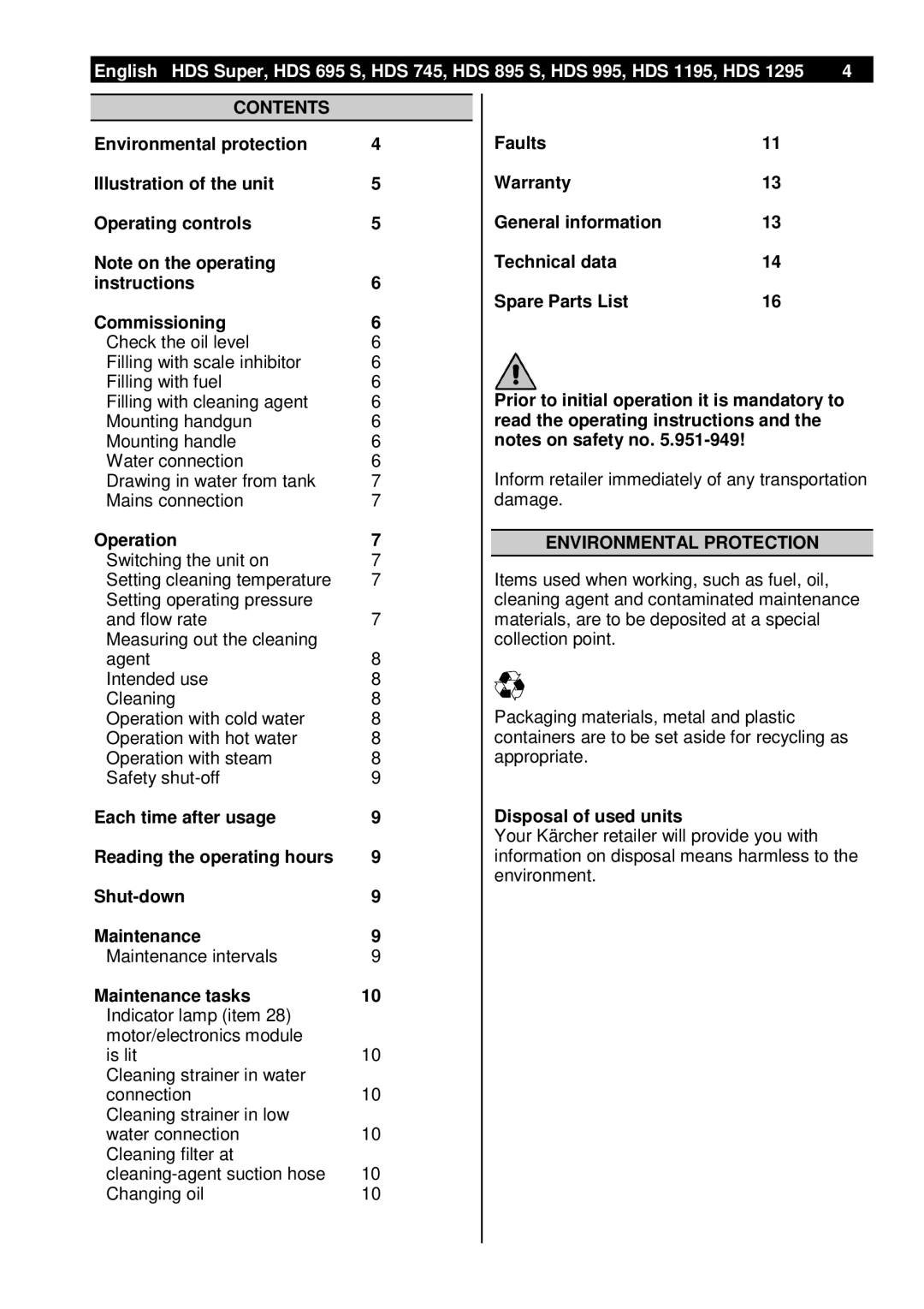 Karcher HDS 1195, HDS 1295, HDS 895 S, HDS 695 S, HDS 745, HDS 995 manual Contents, Environmental Protection 