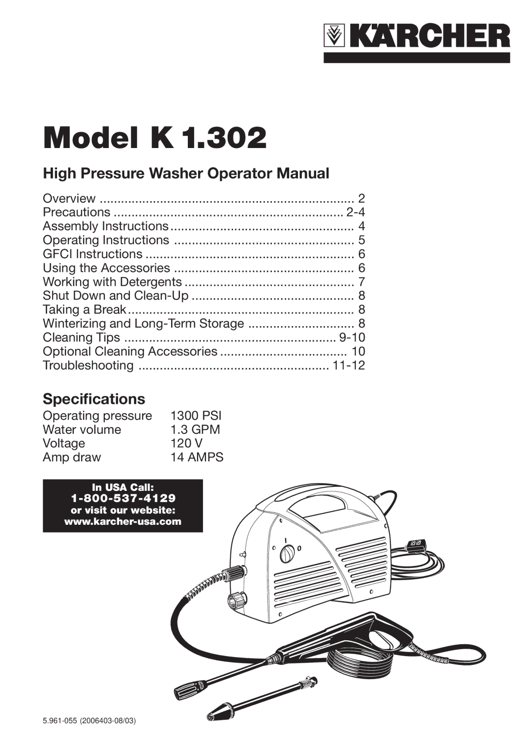 Karcher K 1.302 specifications Model K, USA Call 