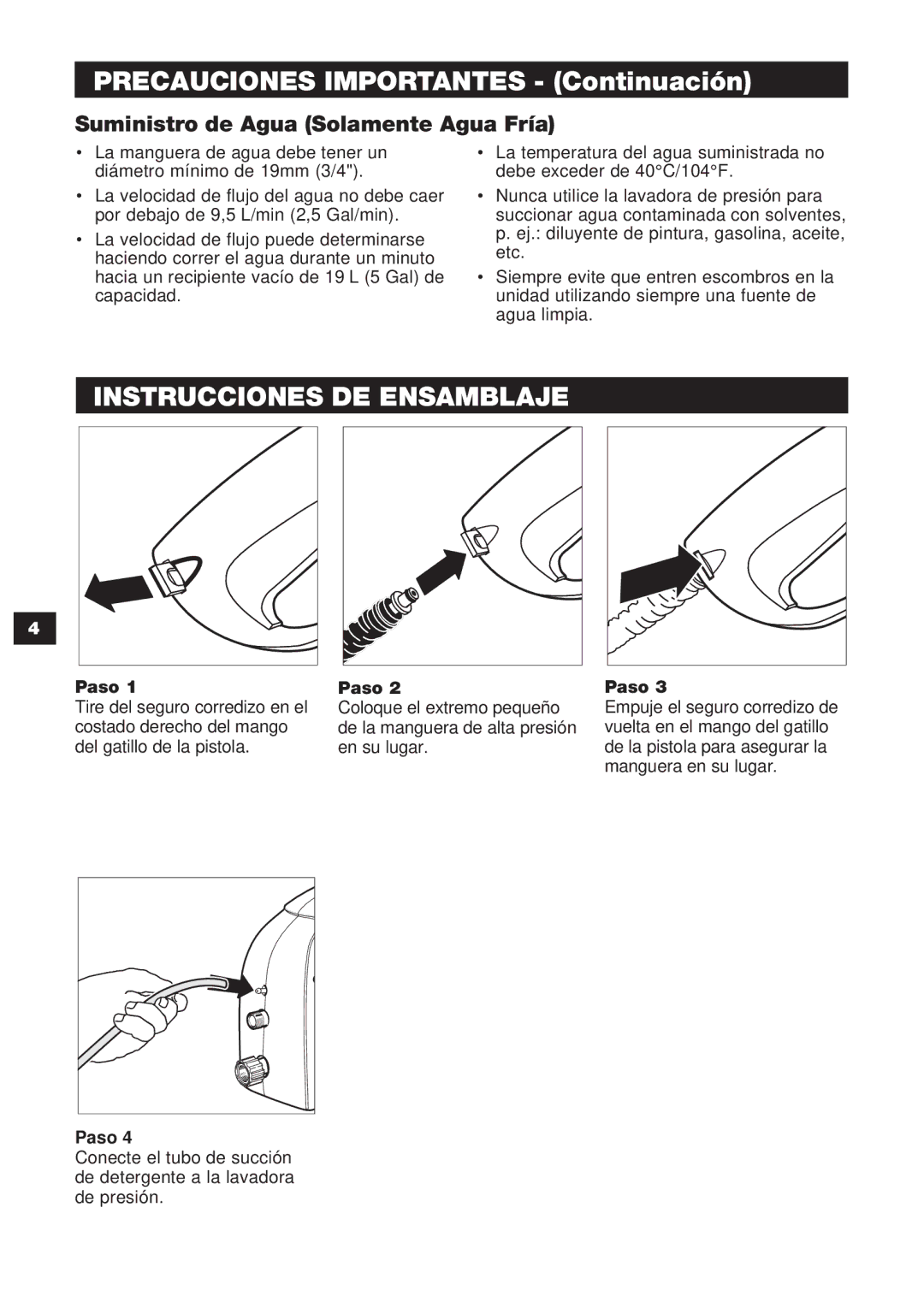 Karcher K 1.302 Precauciones Importantes Continuación, Instrucciones DE Ensamblaje, Suministro de Agua Solamente Agua Fría 