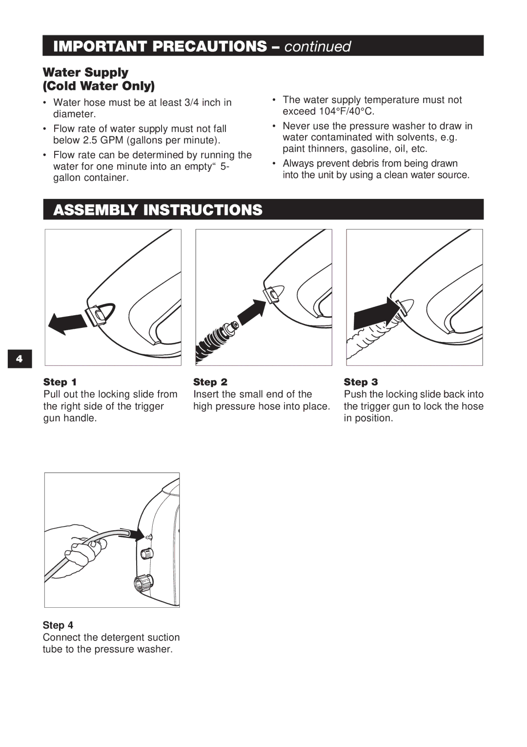 Karcher K 1.302 specifications Important Precautions, Assembly Instructions, Water Supply Cold Water Only, Step 