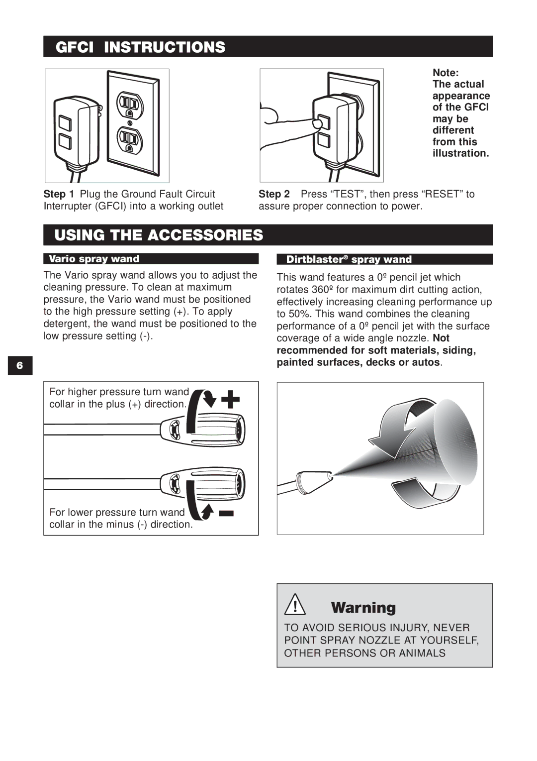 Karcher K 1.302 specifications Gfci Instructions, Using the Accessories, Vario spray wand Dirtblaster spray wand 