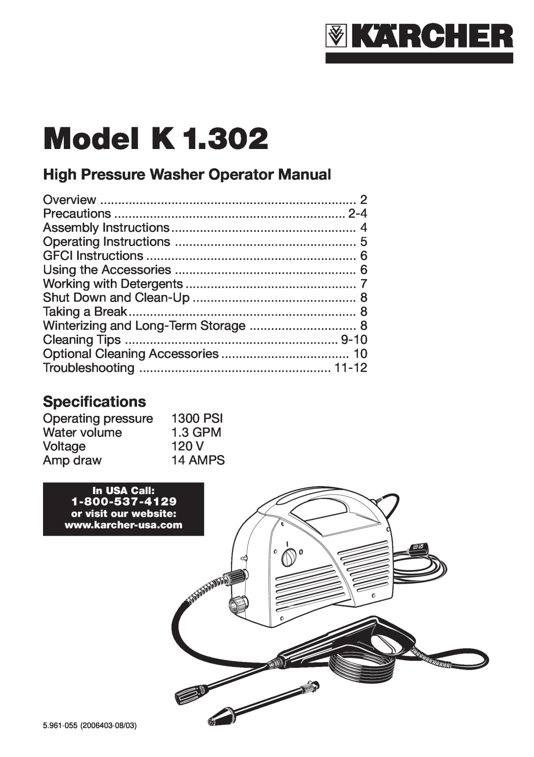 Karcher K 1.302 specifications Model K, High Pressure Washer Operator Manual, Specifications 