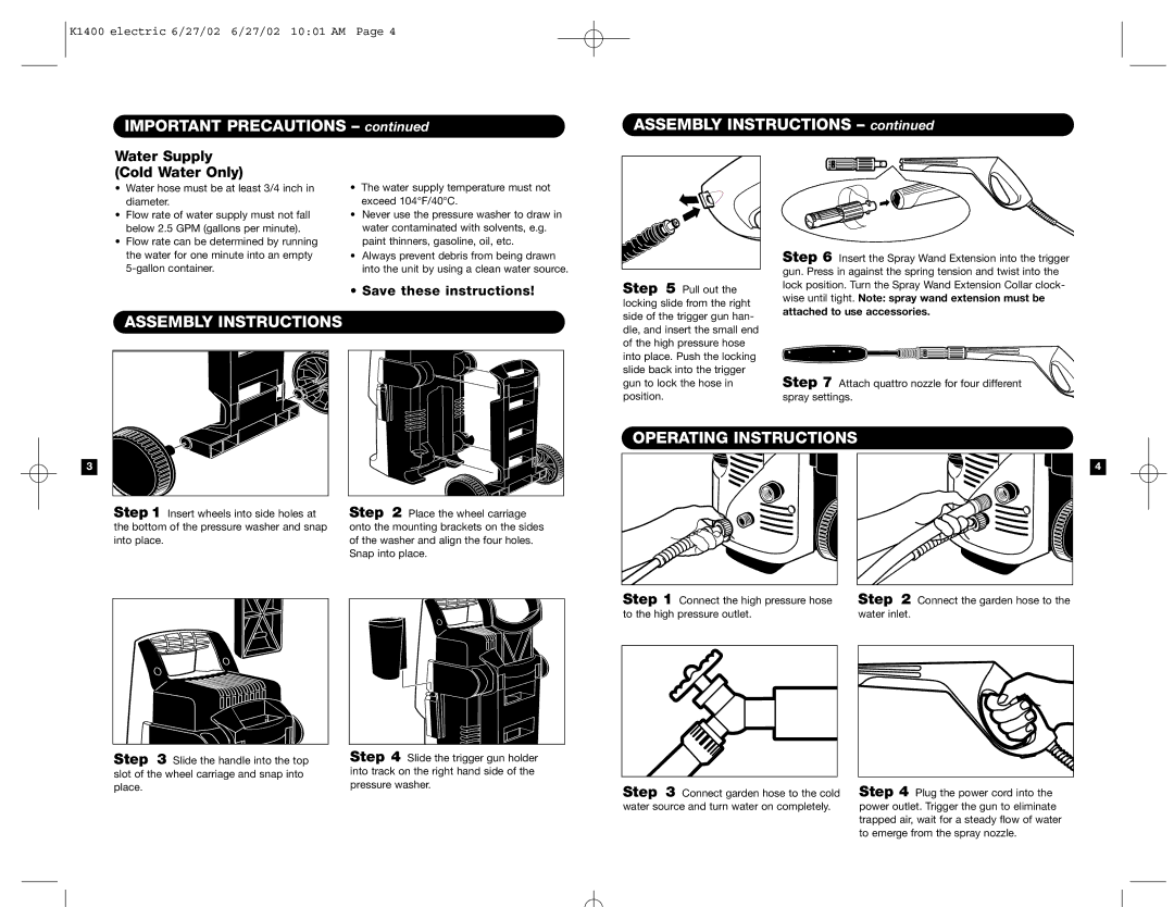 Karcher K 1400 Important Precautions Assembly Instructions, Operating Instructions, Water Supply Cold Water Only 