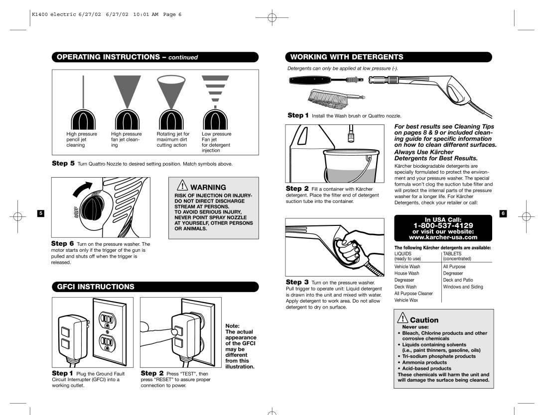 Karcher K 1400 specifications Operating Instructions, Working with Detergents, Gfci Instructions 