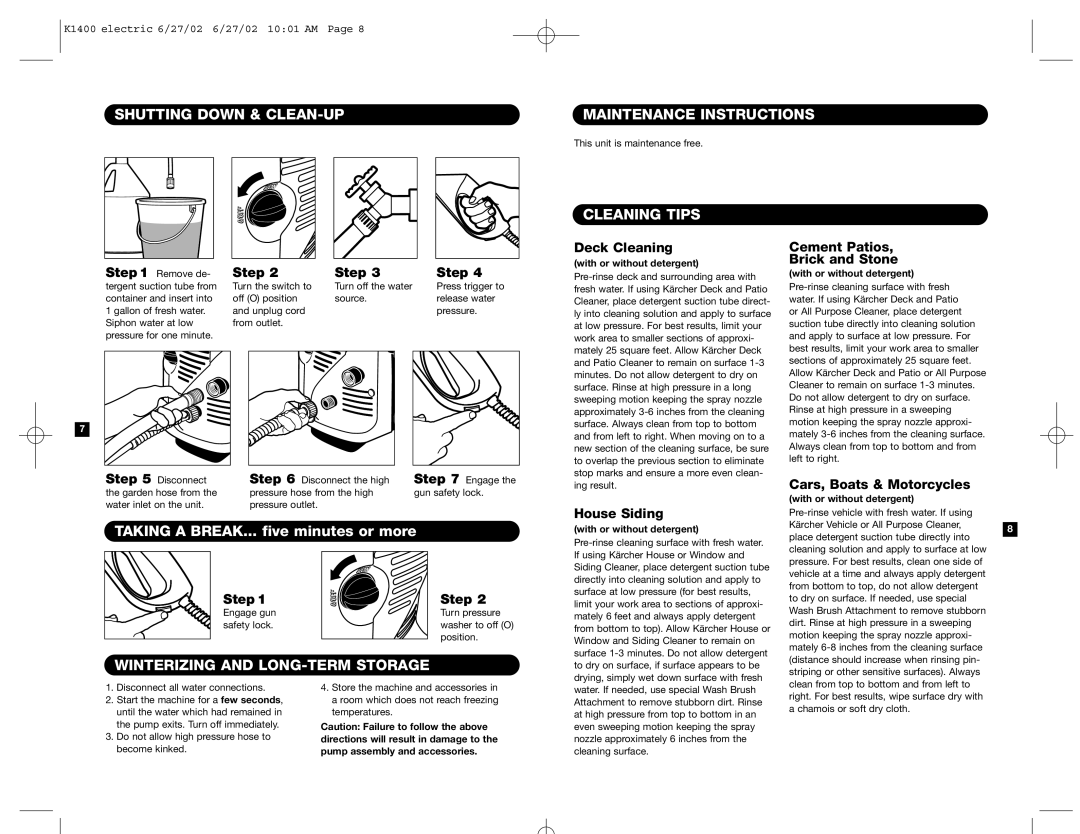 Karcher K 1400 Shutting Down & CLEAN-UP Maintenance Instructions, Taking a BREAK... five minutes or more, Cleaning Tips 