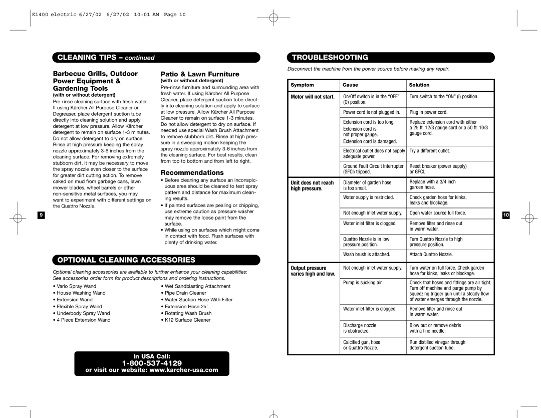 Karcher K 1400 specifications Cleaning Tips, Troubleshooting, Optional Cleaning Accessories 