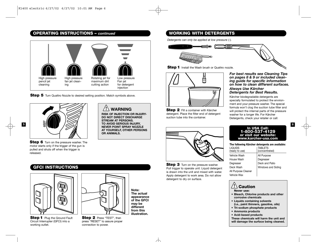 Karcher K 1400 specifications OPERATING INSTRUCTIONS - continued, Working With Detergents, Gfci Instructions, In USA Call 