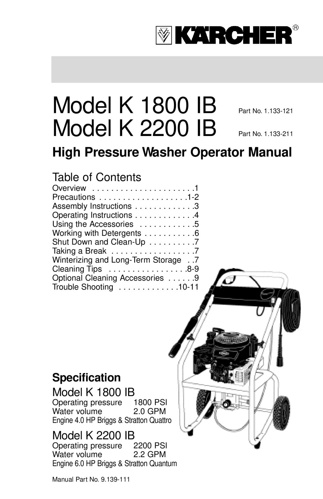 Karcher manual Model K 1800 IB Model K 2200 IB 