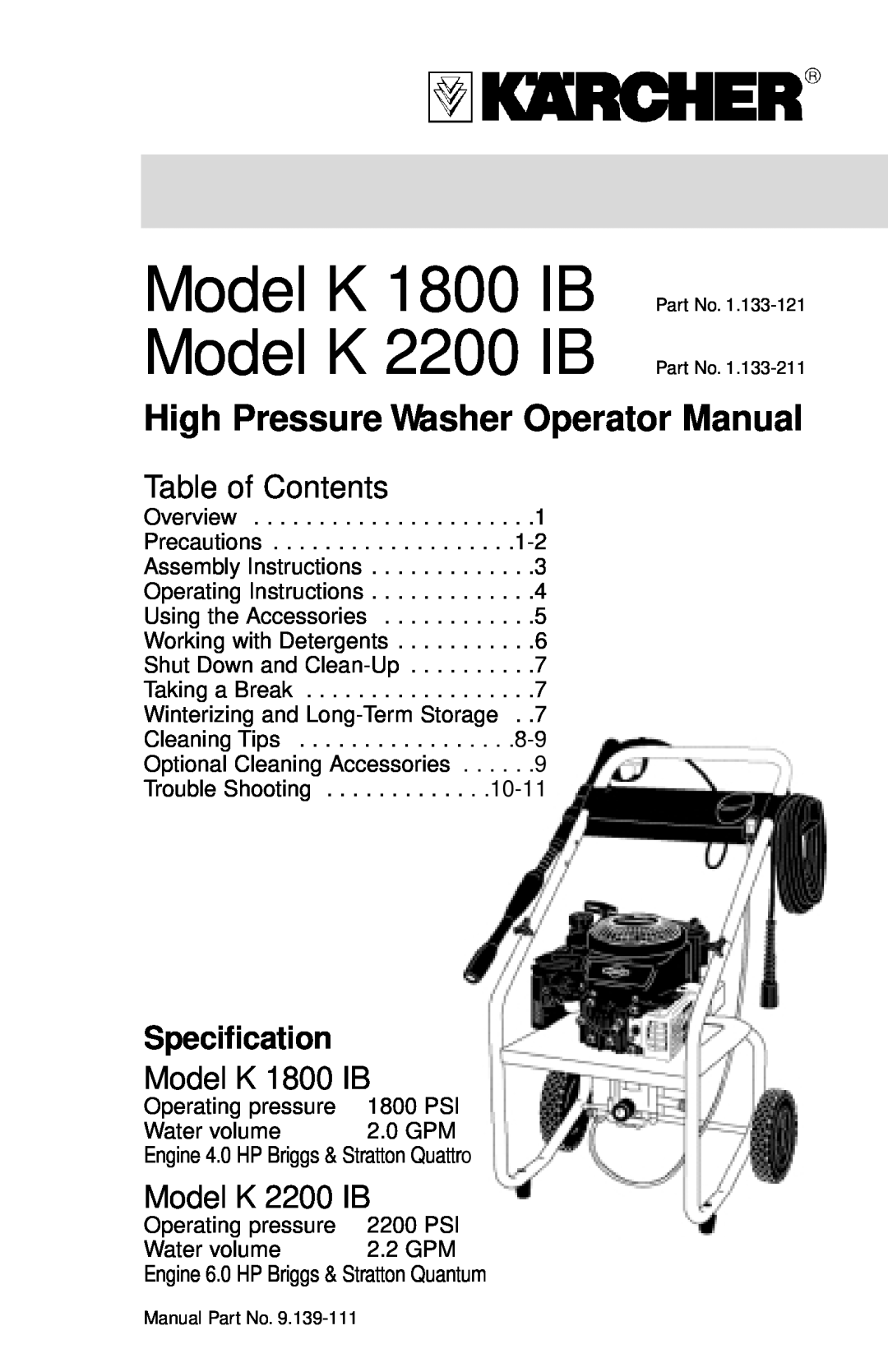 Karcher manual Table of Contents, Model K 1800 IB Model K 2200 IB, High Pressure Washer Operator Manual 