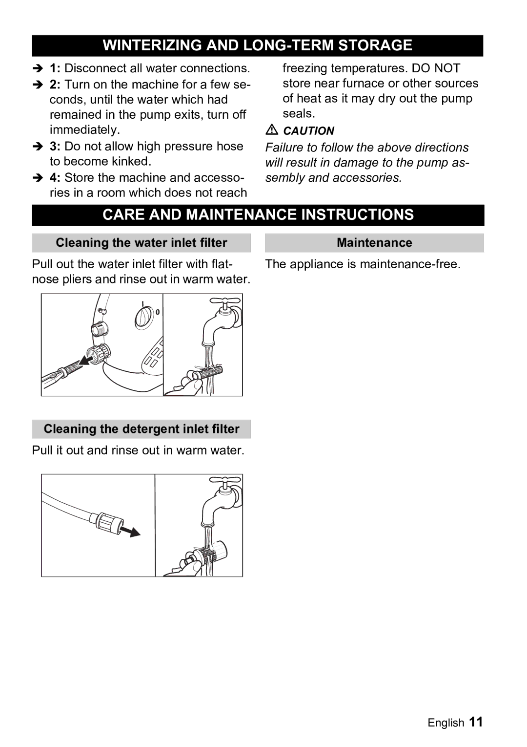 Karcher K 2.01 Winterizing and LONG-TERM Storage, Care and Maintenance Instructions, Cleaning the detergent inlet filter 