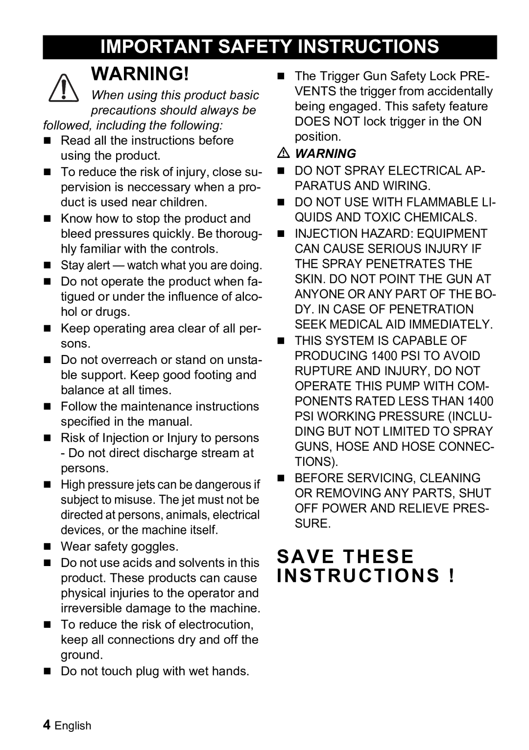 Karcher K 2.01 manual Important Safety Instructions 