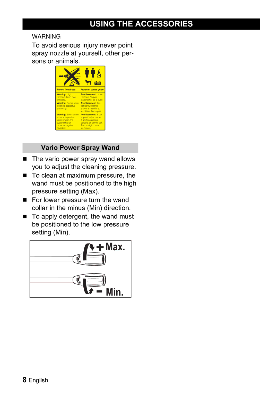 Karcher K 2.01 manual Using the Accessories, Vario Power Spray Wand 