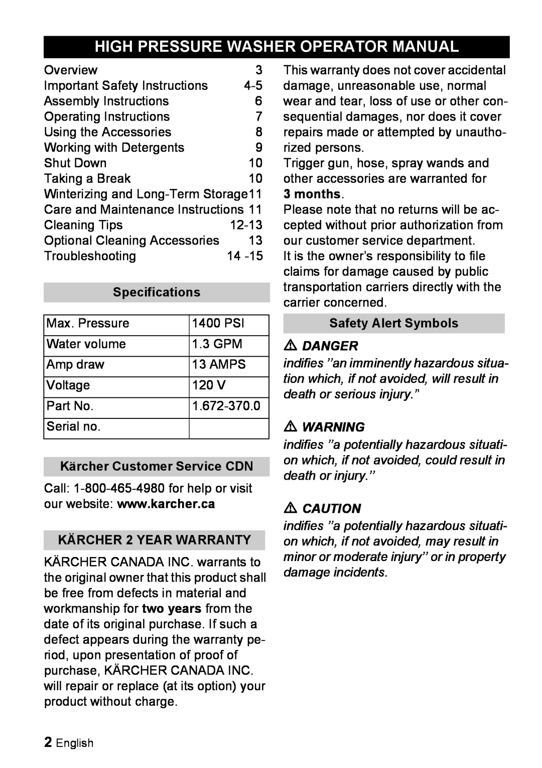 Karcher K 2.01 manual High Pressure Washer Operator Manual, Danger, KÄRCHER 2 YEAR WARRANTY, months, Specifications 