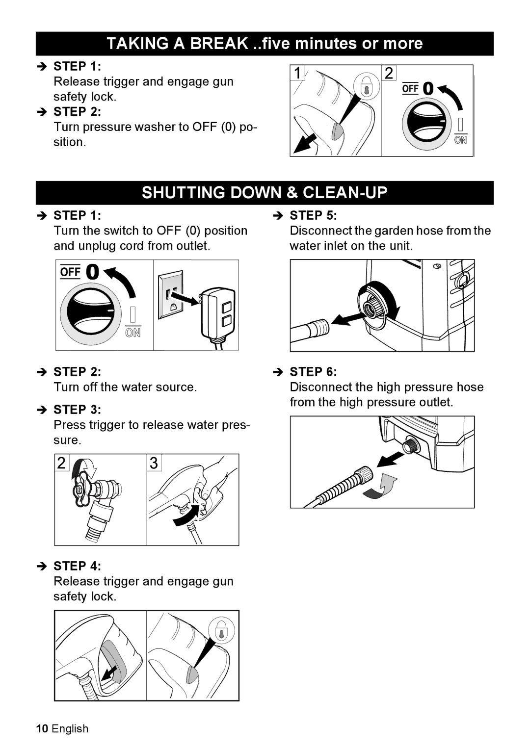 Karcher K 2.050 manual Taking a Break ..five minutes or more, Shutting Down & CLEAN-UP 