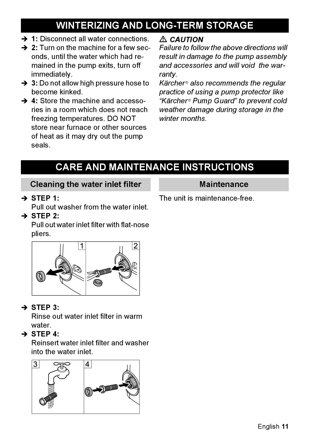 Karcher K 2.050 manual Winterizing and LONG-TERM Storage, Care and Maintenance Instructions, Step 